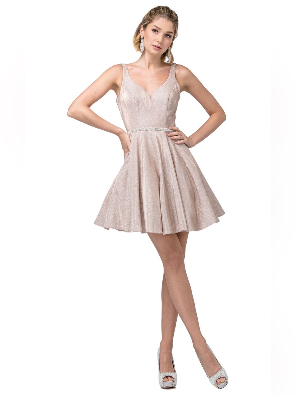 Size 12 Dancing Queen 3142 V-Neck Pleated A-Line Cocktail Dress in Shimmer Blush